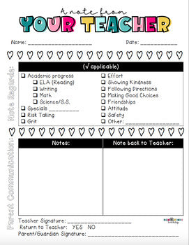 A Note From Your Teacher Communication Sheet
