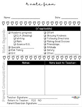 A Note From Your Teacher Communication Sheet