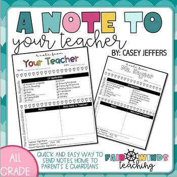 FWT Members Only! A Note From Your Teacher (Editable) Home to School Communication Sheet