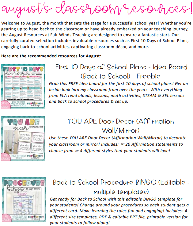 August Teacher Resources – Fair Winds Teaching