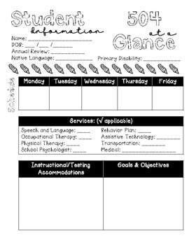 I.E.P., 504 & B.I.P. at a Glance & Meeting Notes Sheet