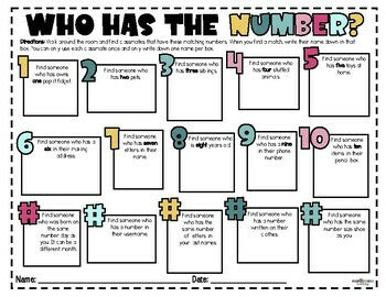 Who Has the Number - Getting to Know You Math Activity - Back to Schoo ...
