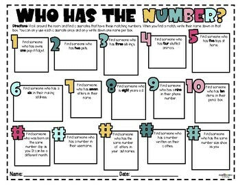 Who Has the Number - Getting to Know You Math Activity - Back to School